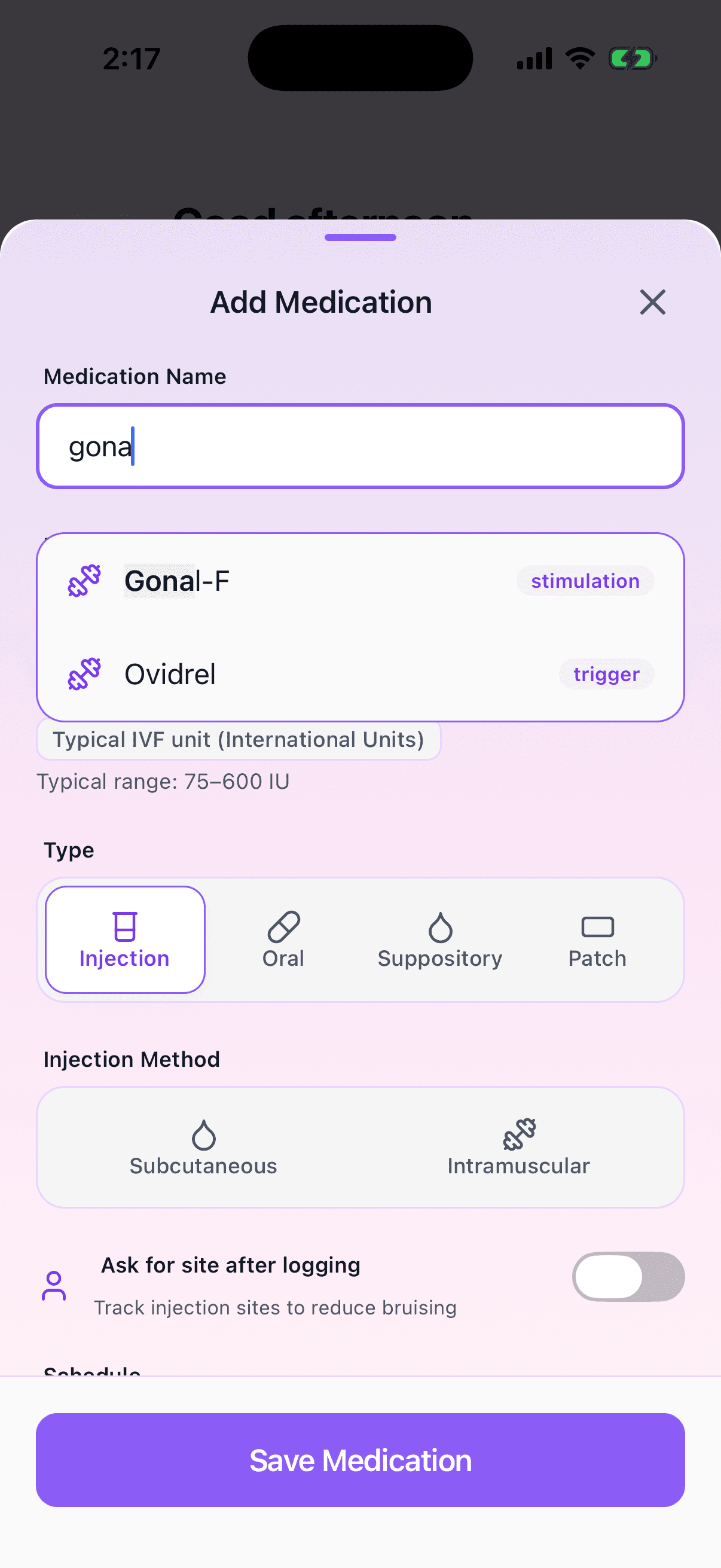 The TrackMyIVF Add Medication form with Gonal-F and Ovidrel suggestions tagged by IVF phase.